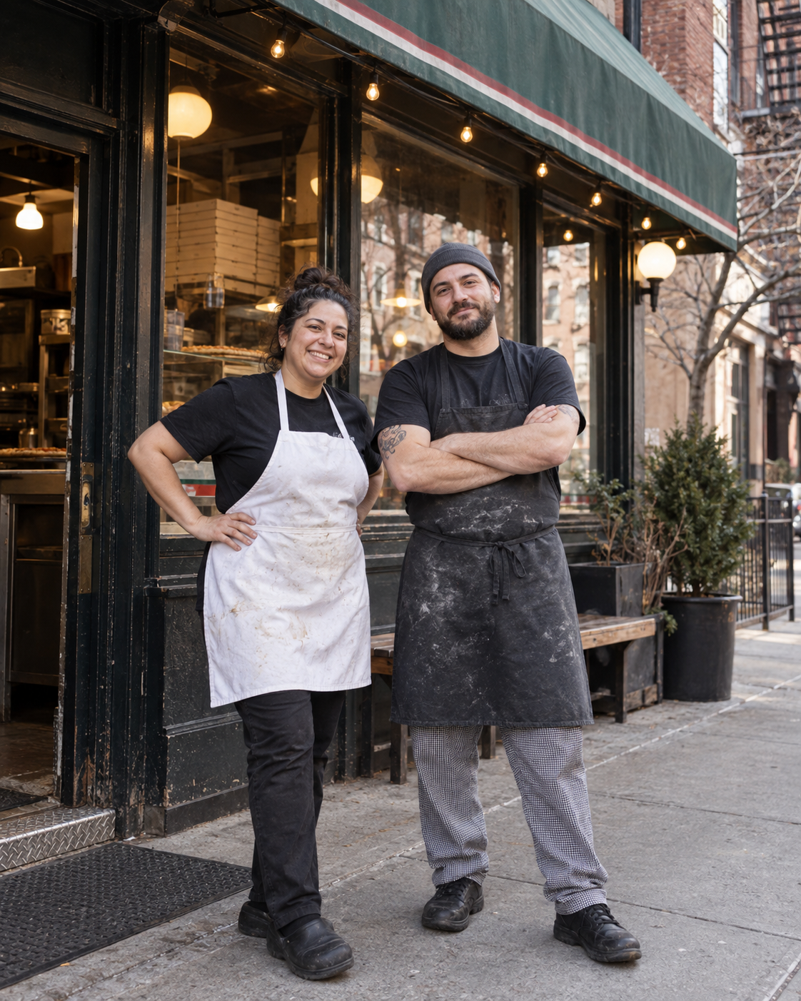 Owners standing outside their storefront