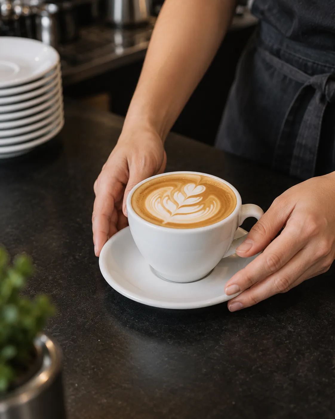 A latte handed across the counter
