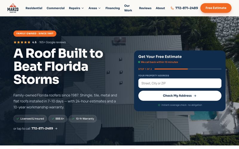 Marzo Roofing website built by MorePie