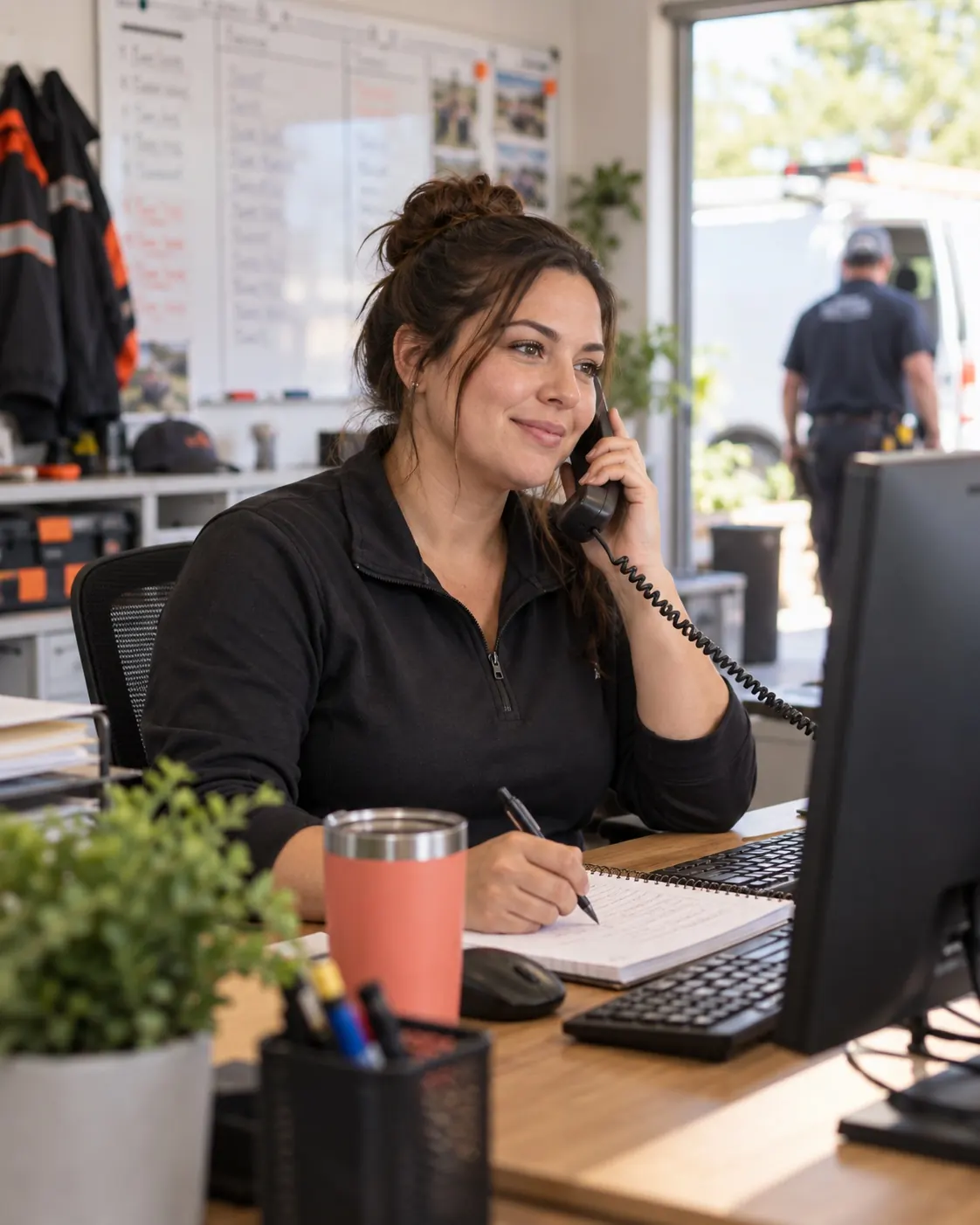 Home service office manager taking a customer call