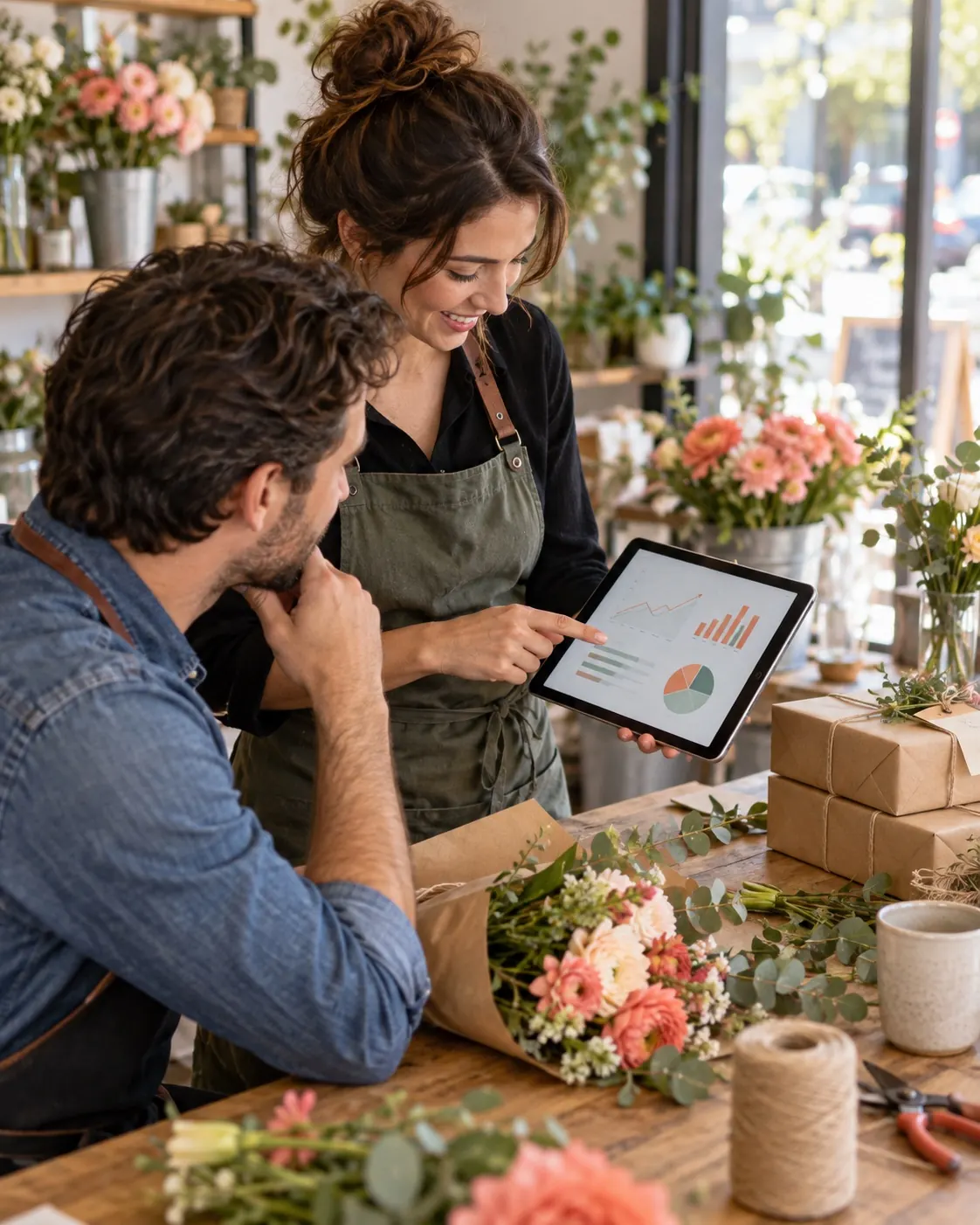 Florist team reviewing results on a tablet