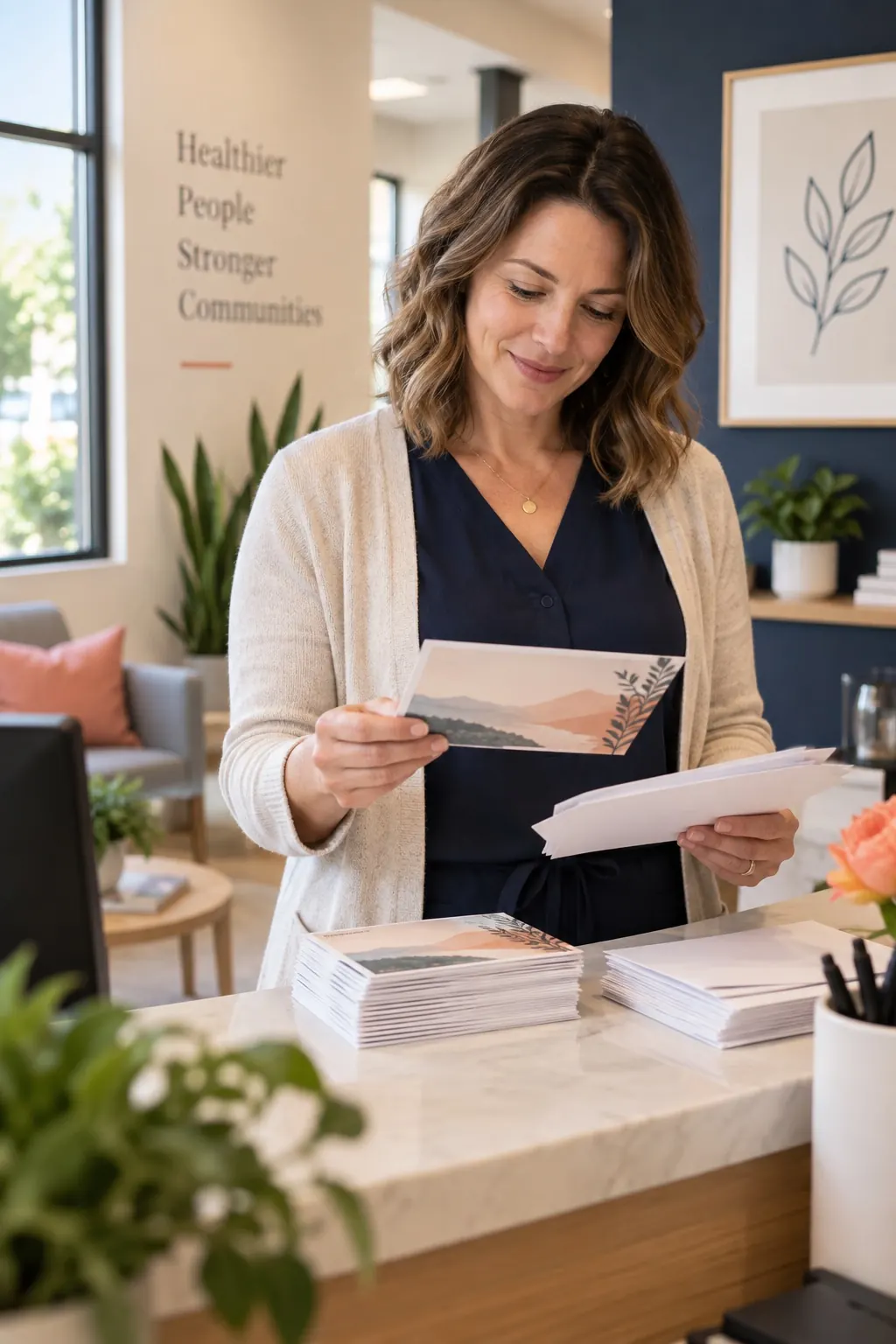 Wellness office manager reviewing customer mailers
