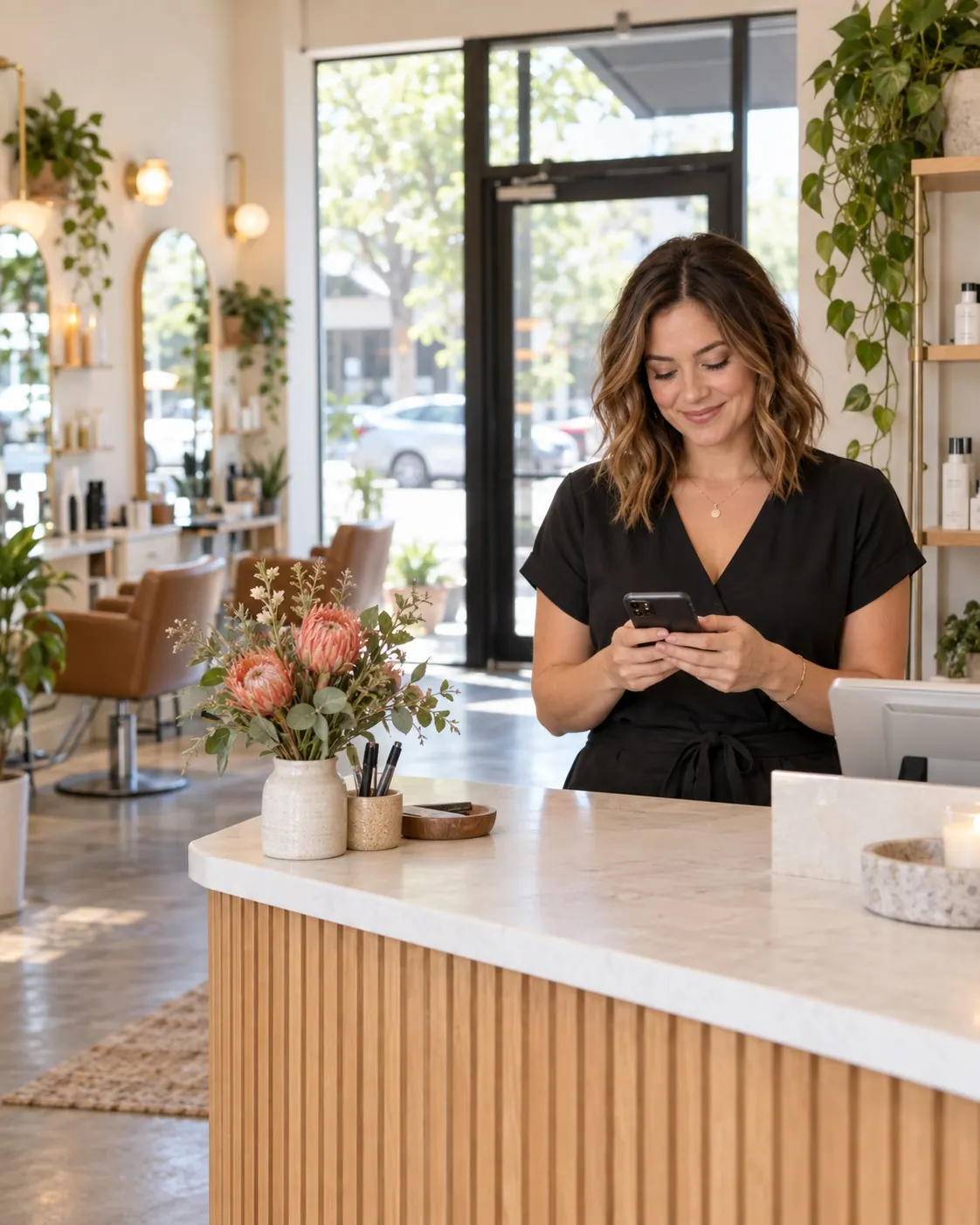 Salon owner checking a phone at the front desk