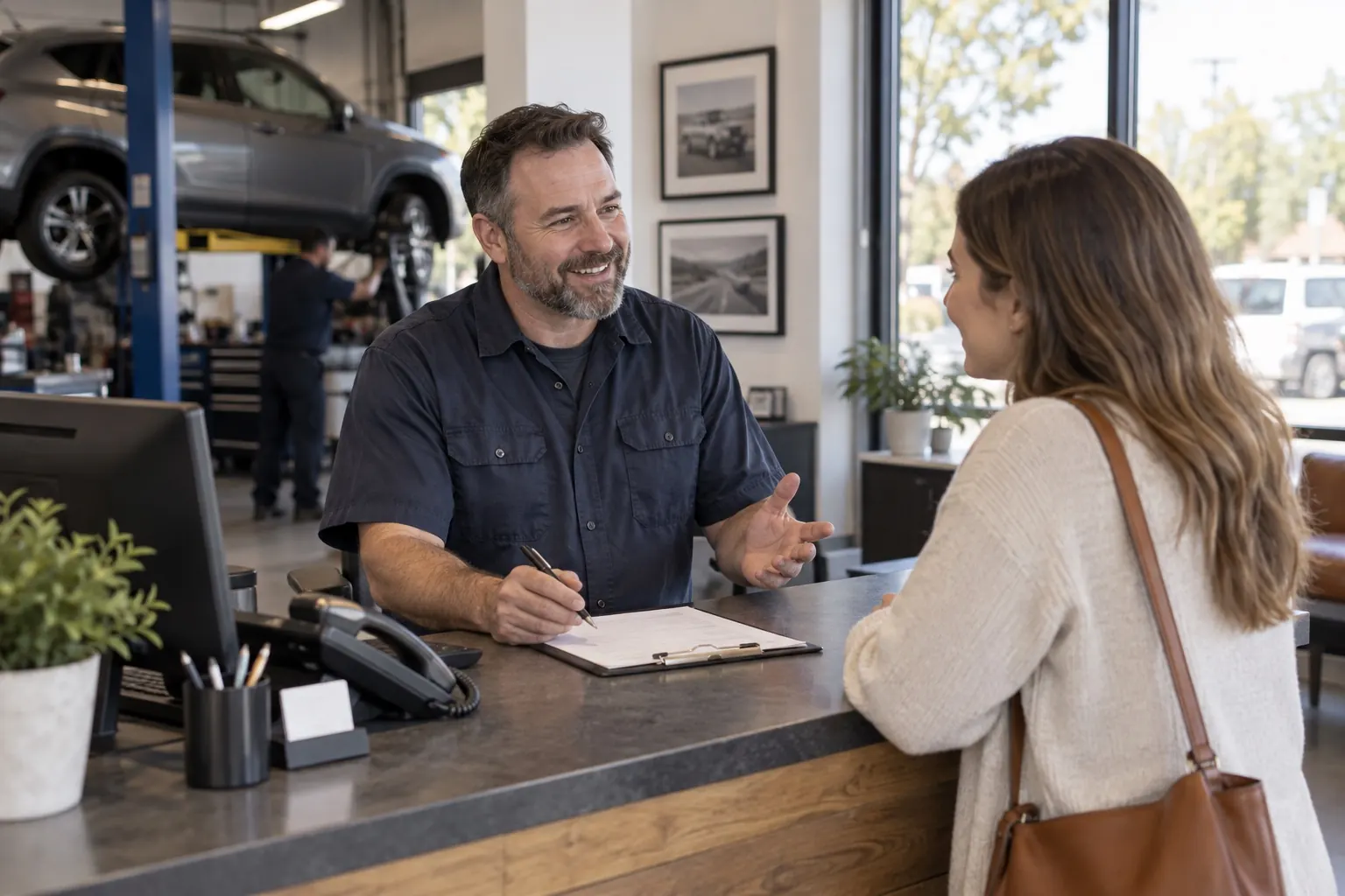 Automotive shop owner speaking with a potential customer