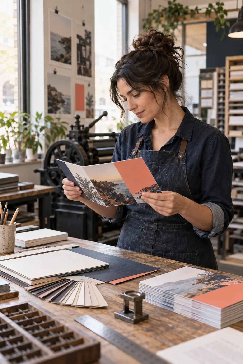 Print shop owner examining printed materials