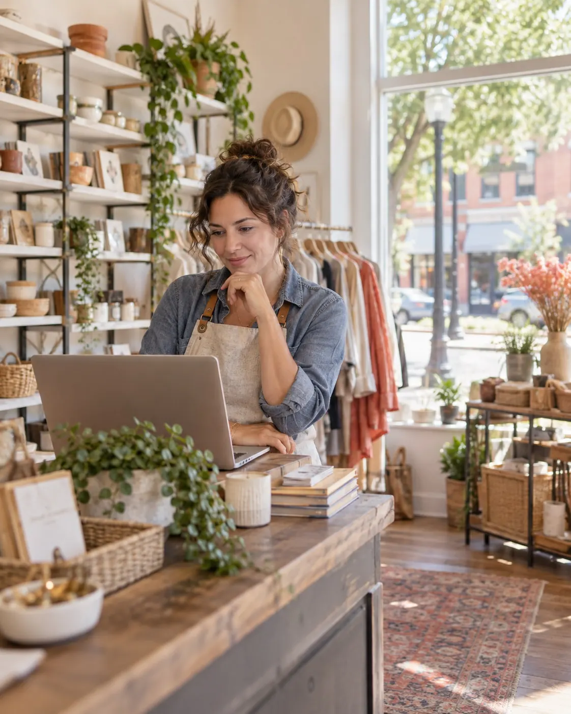 Retail shop owner working at a laptop