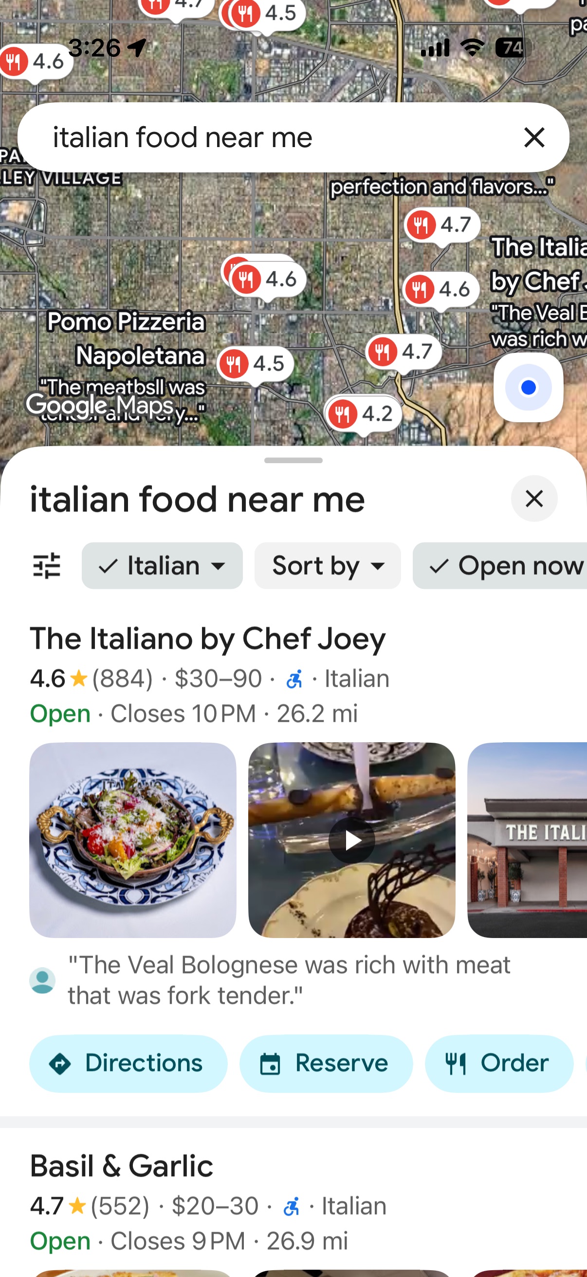 Google Maps 3-pack showing three nearby restaurants with star ratings and the map